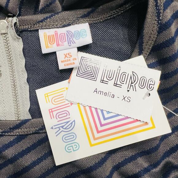 LuLaRoe Womens XS Gray Blue Striped Amelia Stretchy Flare Dress NWT (A0126) - Picture 8 of 8